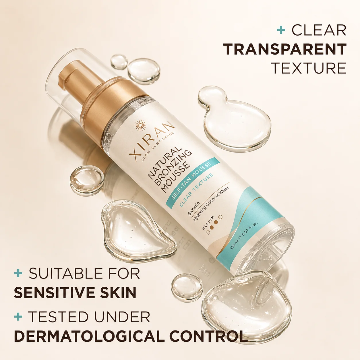 Xiran Natural Bronzing Mousse with clear texture, suitable for sensitive skin, displayed with droplets on a beige background.